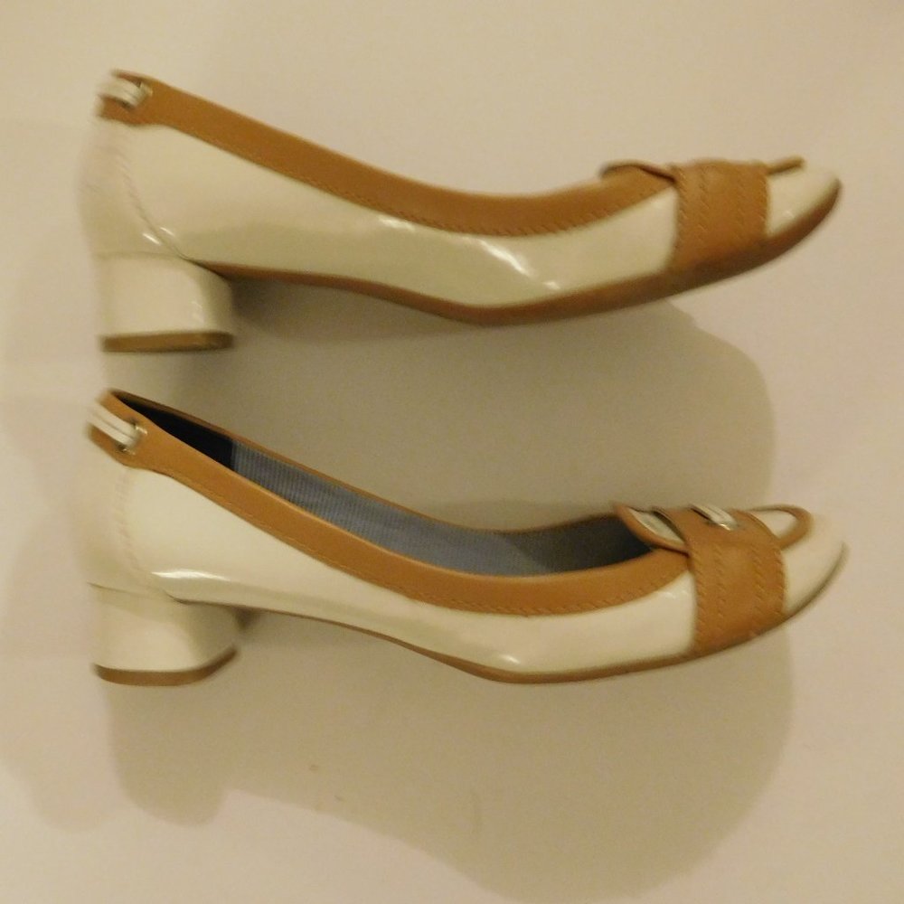 Nine West Tellhimo White & Tan Low Block Heel Pumps—Size 6.5M